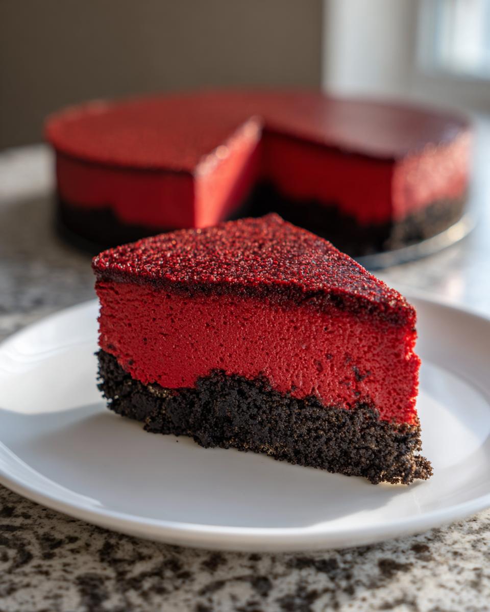 A perfect slice of bright red velvet cheesecake sits on a white plate, featuring a thick dark chocolate crust.