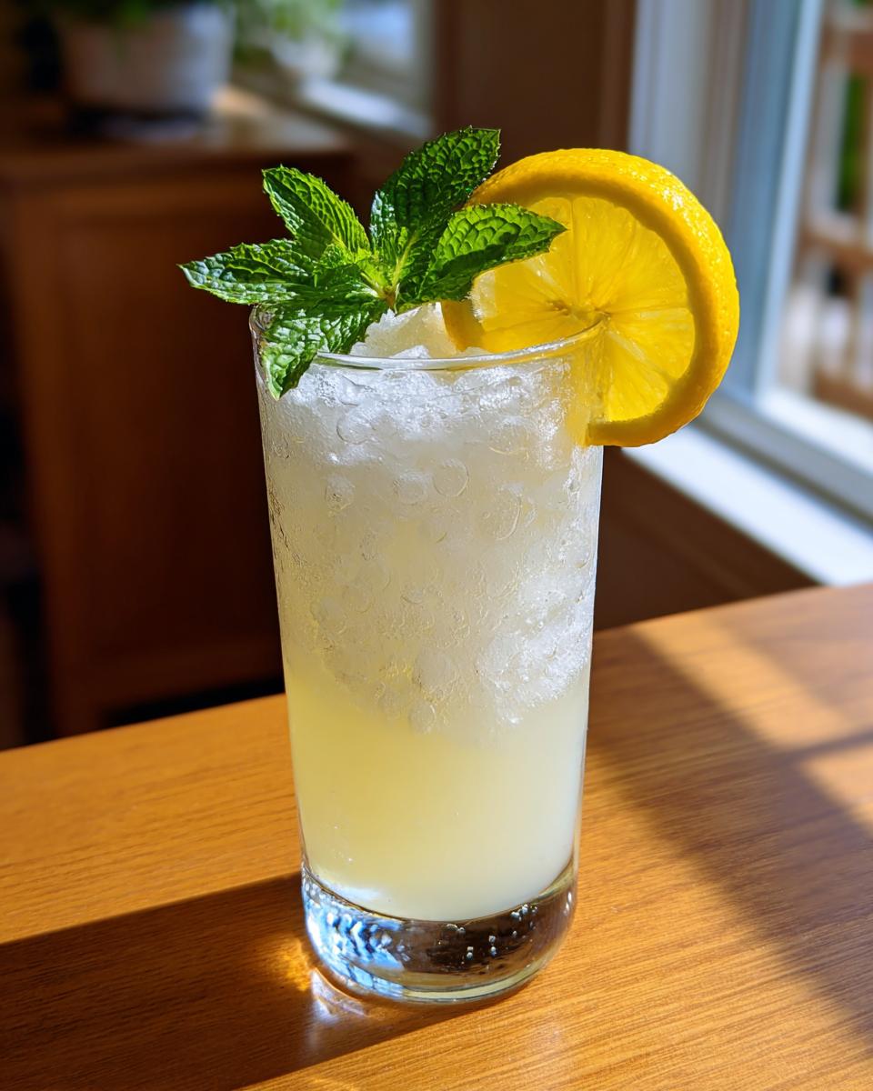 Tall glass of homemade lemonade with crushed ice, garnished with a lemon slice and fresh mint.