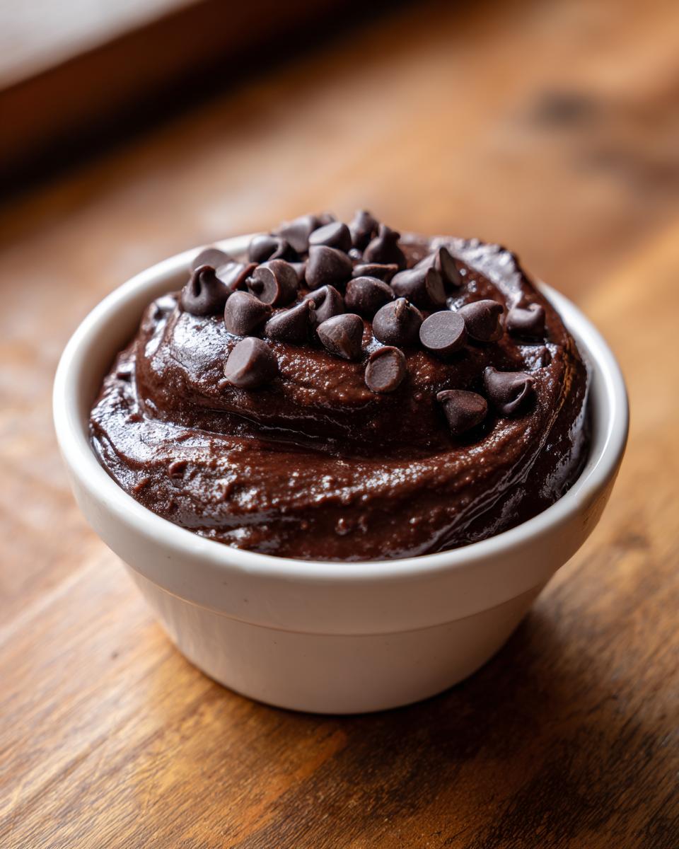 A close-up of rich, dark brownie batter dip served in a small white bowl and topped generously with chocolate chips.