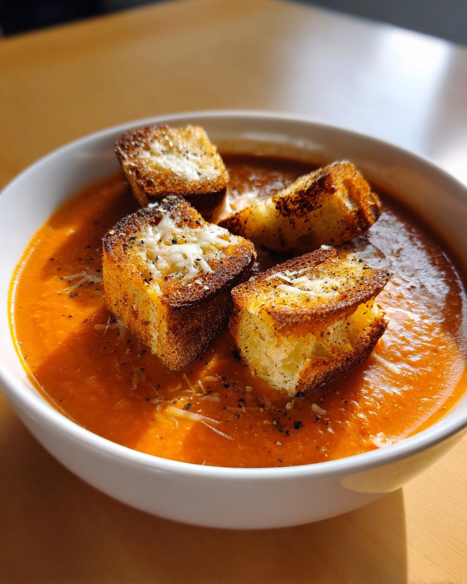 A close-up of creamy tomato bisque topped with four large, cheesy, toasted croutons and cracked black pepper.