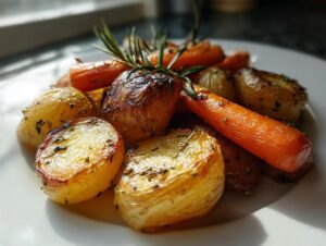 Close-up of golden brown roasted potatoes and carrots seasoned with herbs and topped with rosemary.