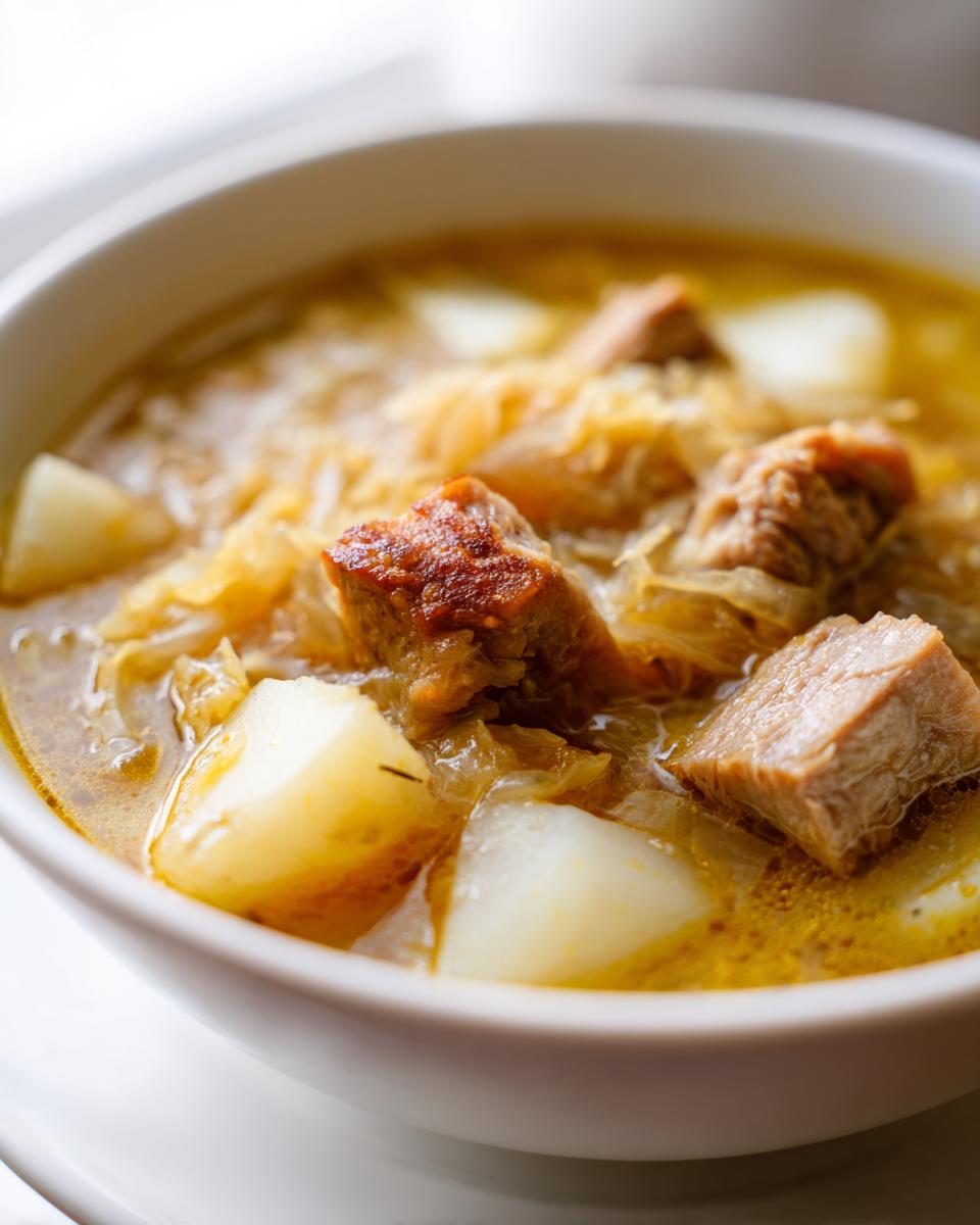 Close-up of a white bowl filled with rich sauerkraut soup, featuring chunks of meat and potatoes.