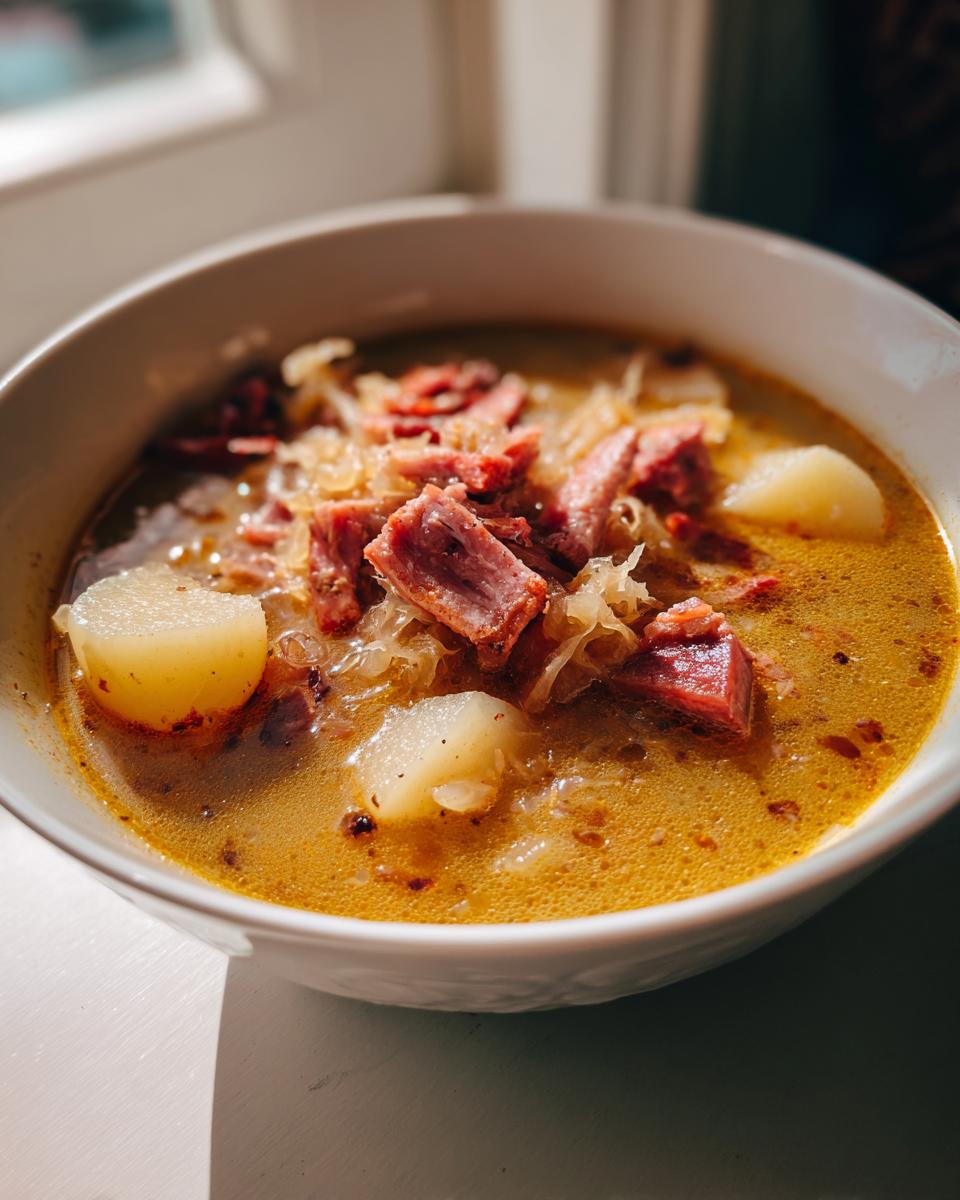 Close-up of a rich, yellow-broth sauerkraut soup topped with chunks of smoked meat and potatoes.