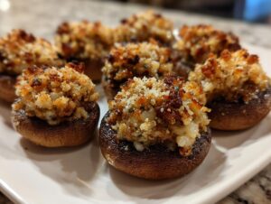 Close-up of several golden brown sausage stuffed mushrooms with crispy breadcrumb topping served on a white rectangular plate.