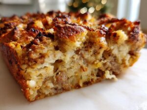 A close-up cross-section of a baked sausage stuffing recipe showing a moist interior and crispy, browned top crust.