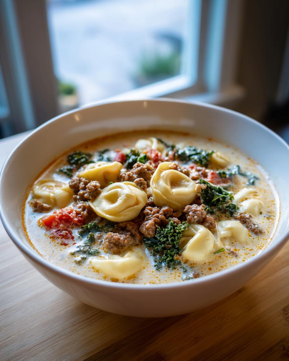 Close-up of a white bowl filled with creamy sausage tortellini soup, featuring ground sausage, tortellini pasta, and green kale.