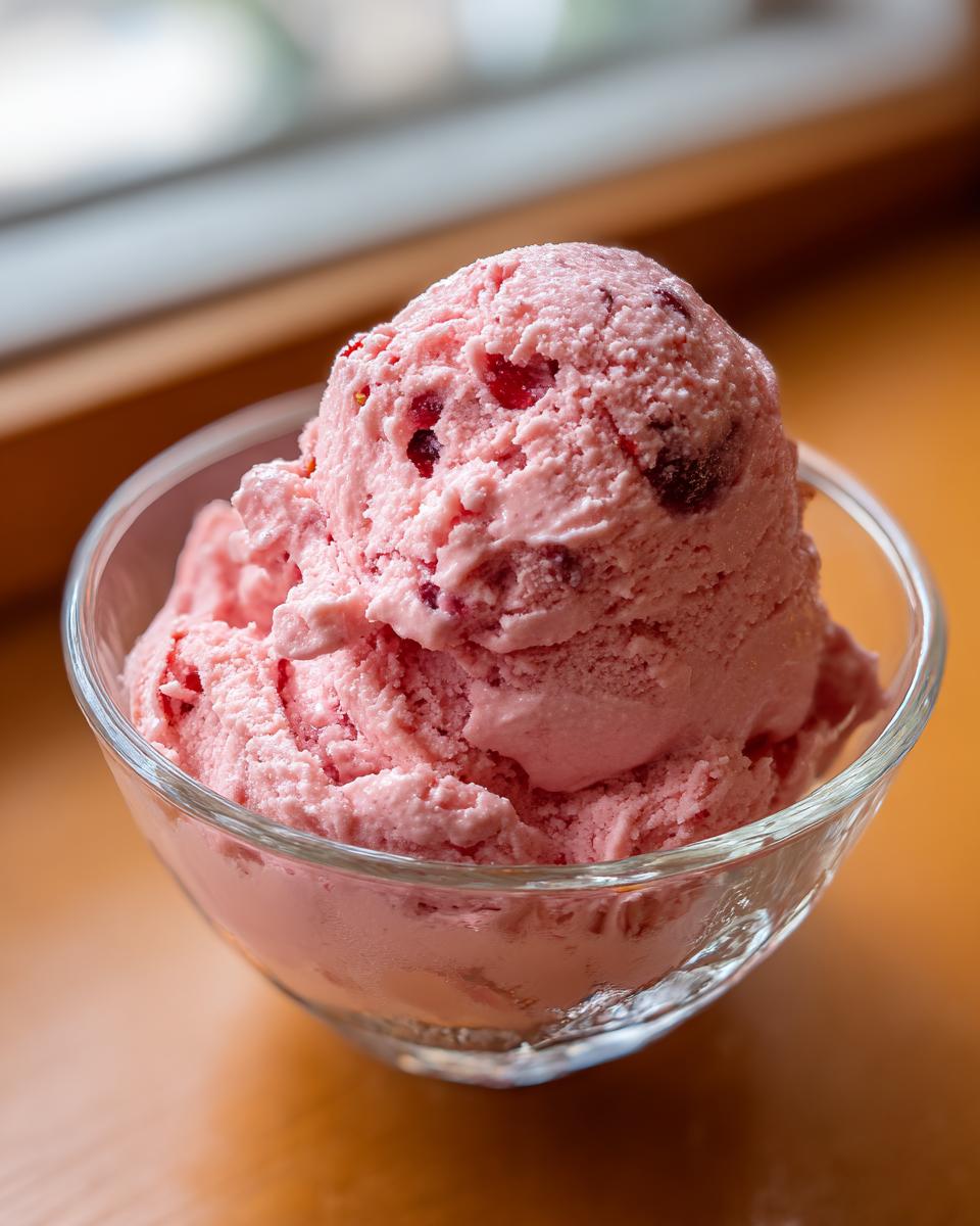 A perfectly scooped portion of pink strawberry ice cream with visible fruit pieces, served in a clear glass bowl.