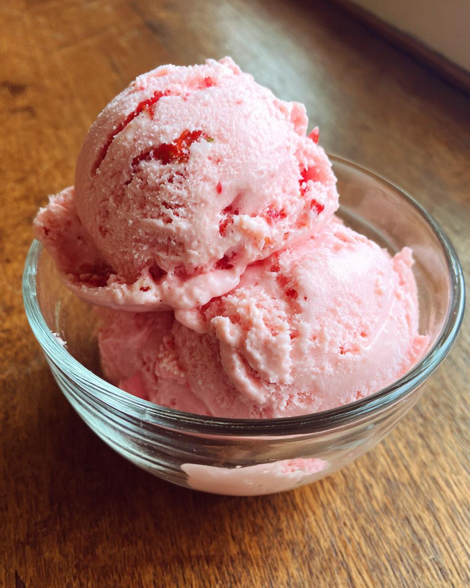 Two scoops of pink strawberry ice cream with visible fruit pieces in a clear glass bowl.