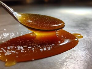 Close-up of rich, amber caramel sauce dripping from a spoon onto a surface sprinkled with flaky sea salt.