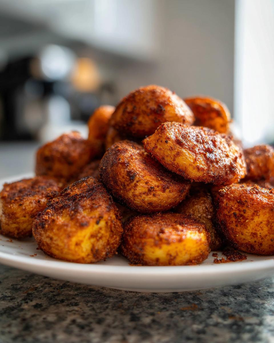 A close-up stack of golden brown, heavily seasoned oven roasted potatoes on a white plate.