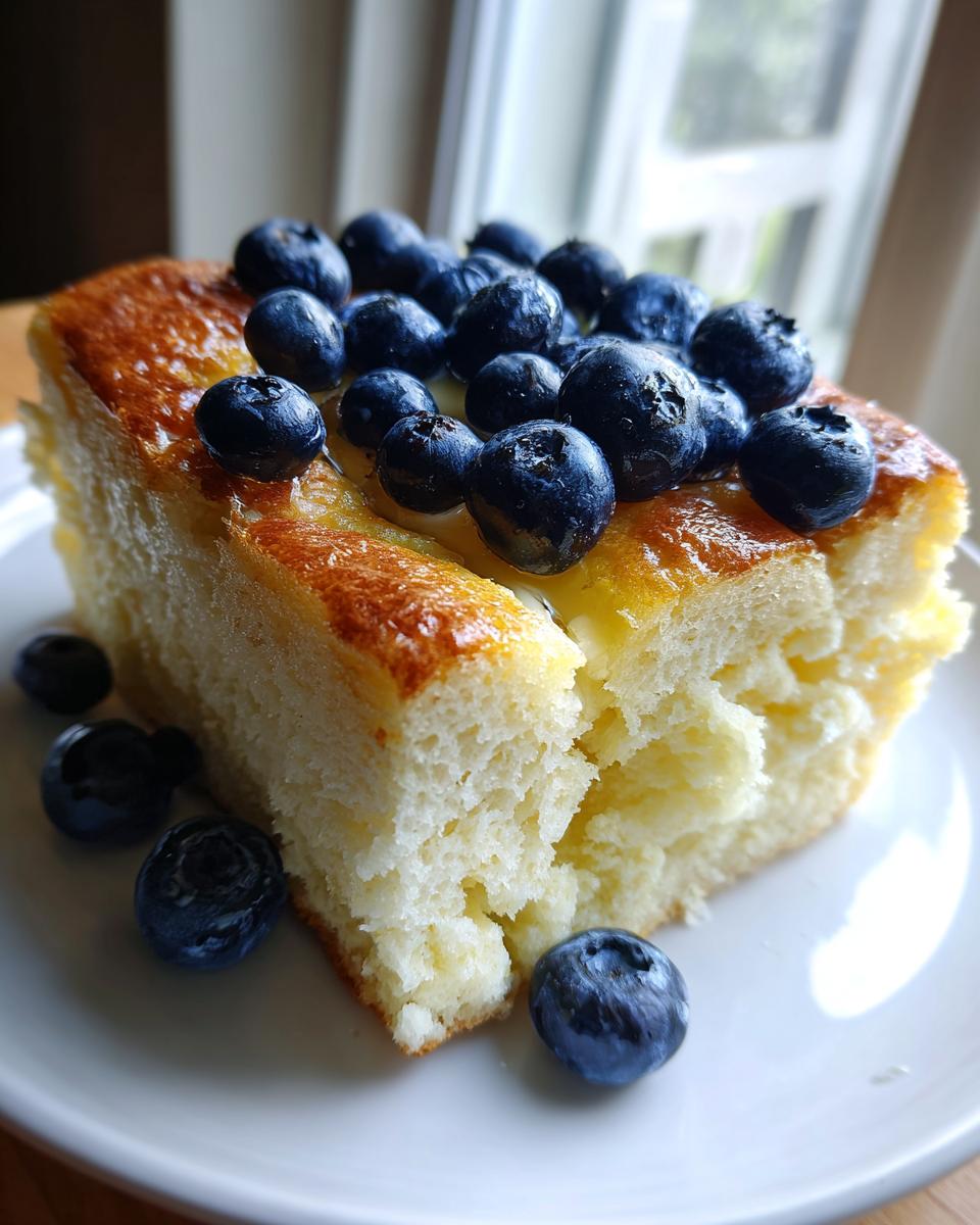 Close-up of a thick, fluffy slice of sheet pan pancakes topped generously with fresh blueberries and syrup.