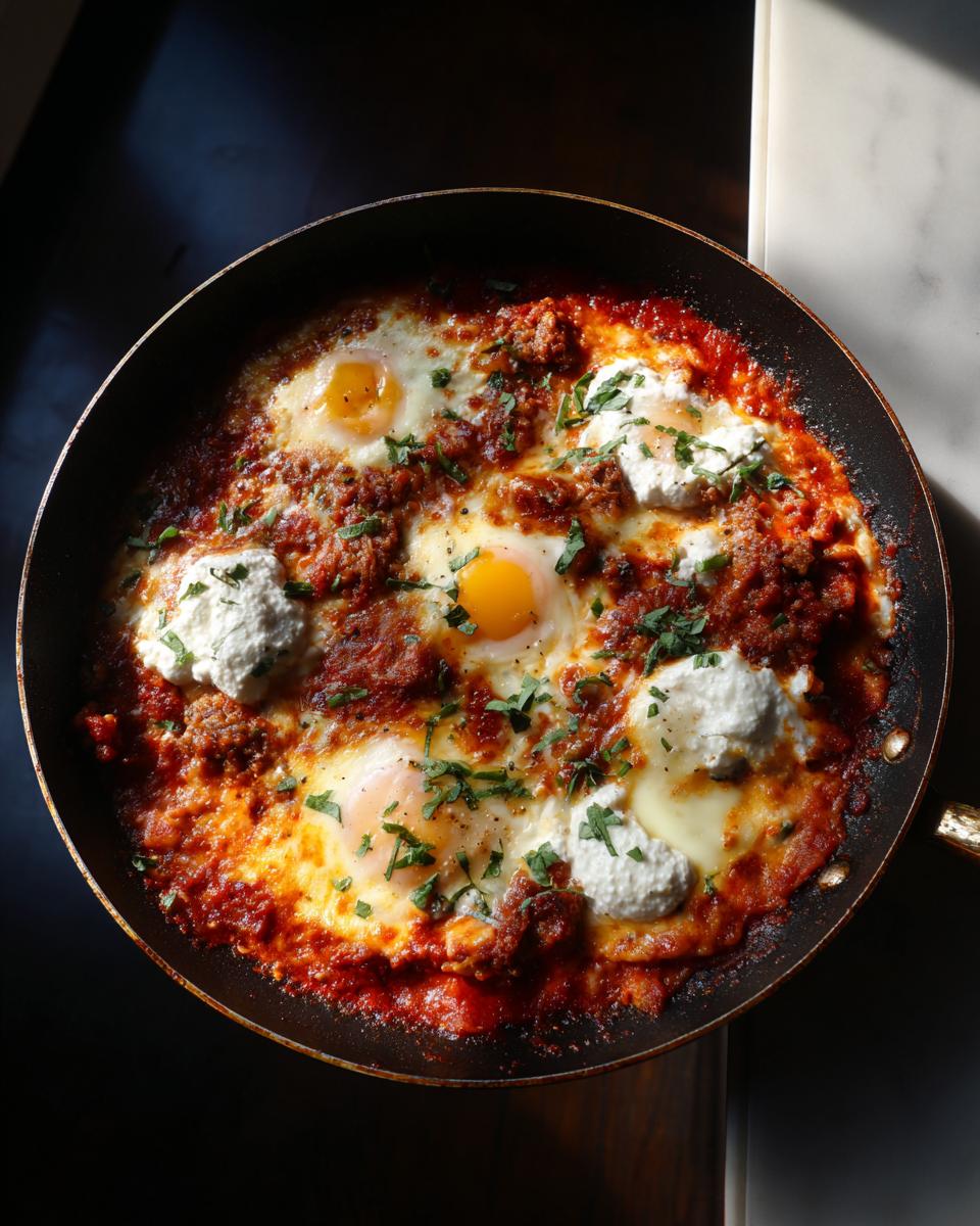 Overhead view of a skillet lasagna topped with baked eggs, dollops of ricotta cheese, and fresh herbs.
