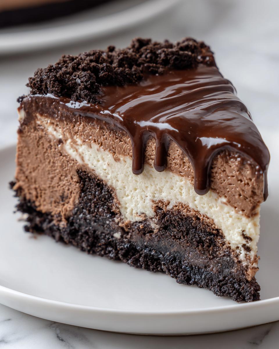A decadent slice of 3-layer chocolate cheesecake with a dark crust, white and milk chocolate layers, and chocolate ganache drip.