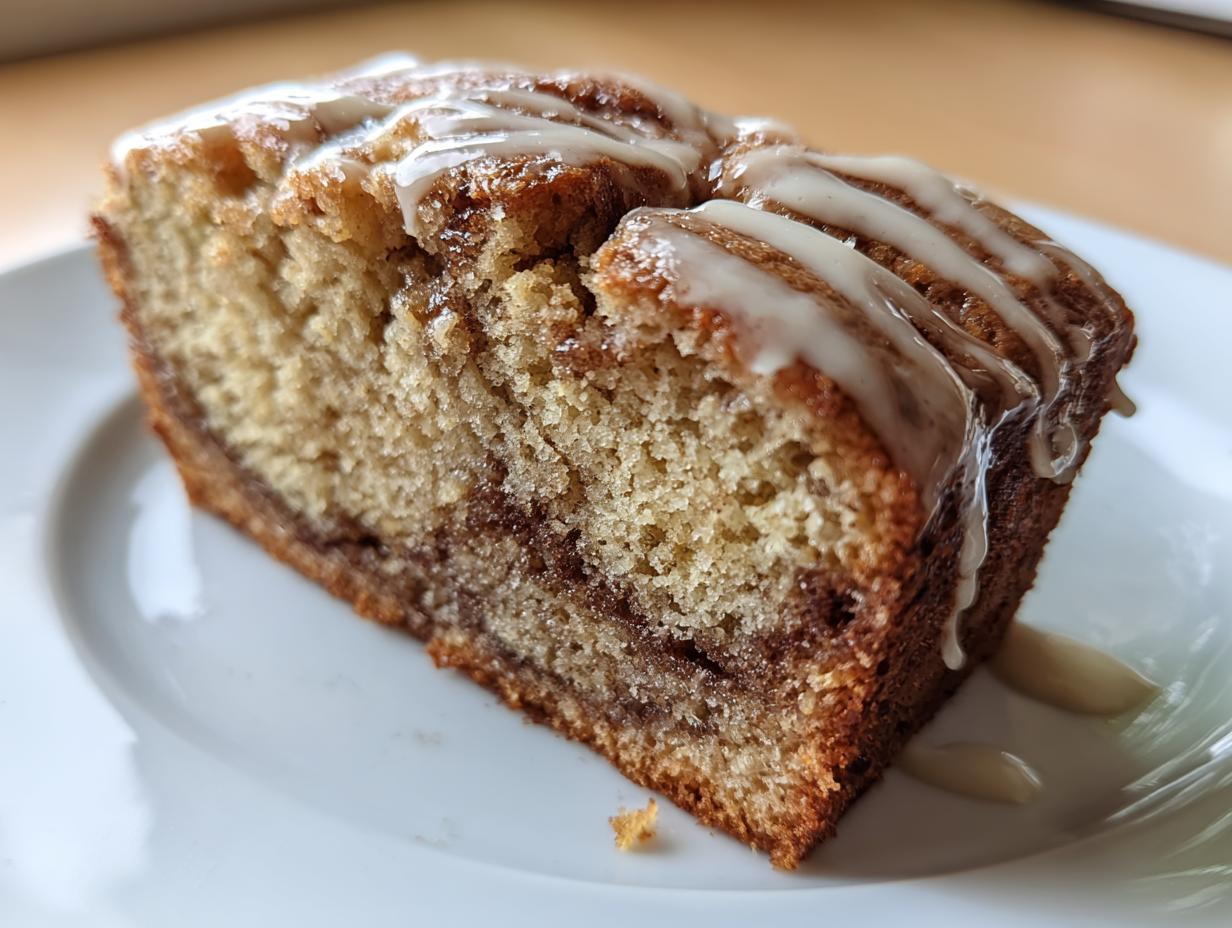 Close-up of a moist slice of apple bread featuring a cinnamon swirl and drizzled with vanilla glaze.