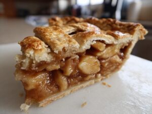 Close-up of a thick slice of homemade apple pie recipe showing flaky crust and gooey cinnamon apple filling.