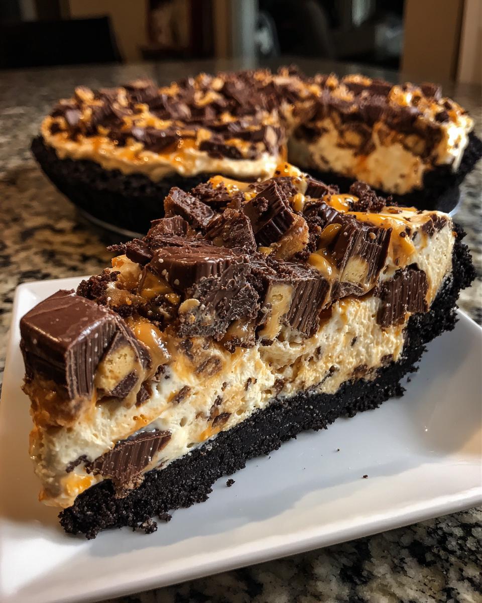 A thick slice of no-bake butterfinger pie with a dark chocolate crust, creamy filling, and topped with chopped Butterfinger candy pieces.
