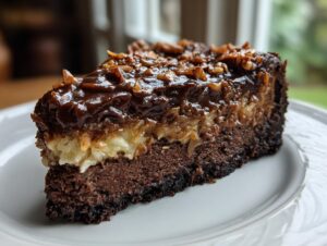 A decadent slice of german chocolate cheesecake showing layers of dark chocolate base, creamy filling, and coconut-pecan topping.