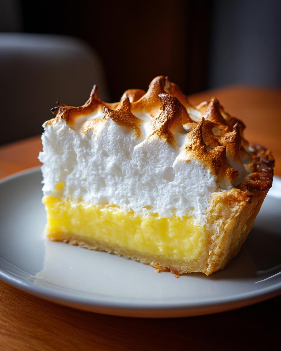 A close-up slice of lemon meringue pie showing a thick layer of bright yellow curd and fluffy, torched meringue.