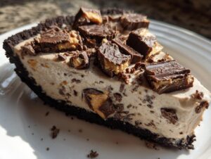 A close-up slice of rich butterfinger pie featuring a dark crust and creamy filling topped with chopped Butterfinger candy pieces.