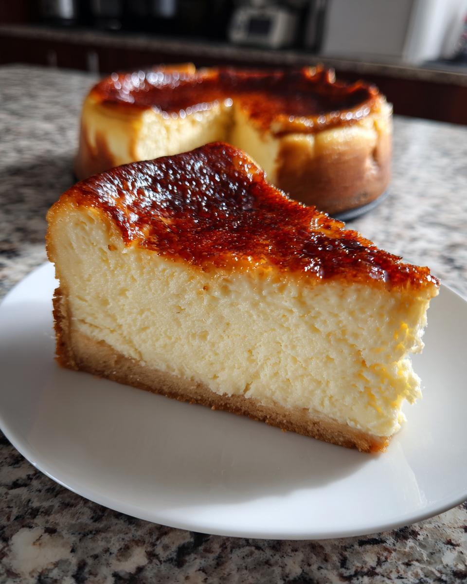 A thick slice of creamy creme brulee cheesecake with a dark, caramelized sugar crust on top, served on a white plate.