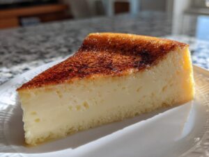 A perfect slice of creamy, baked egg custard with a deeply caramelized, browned top.