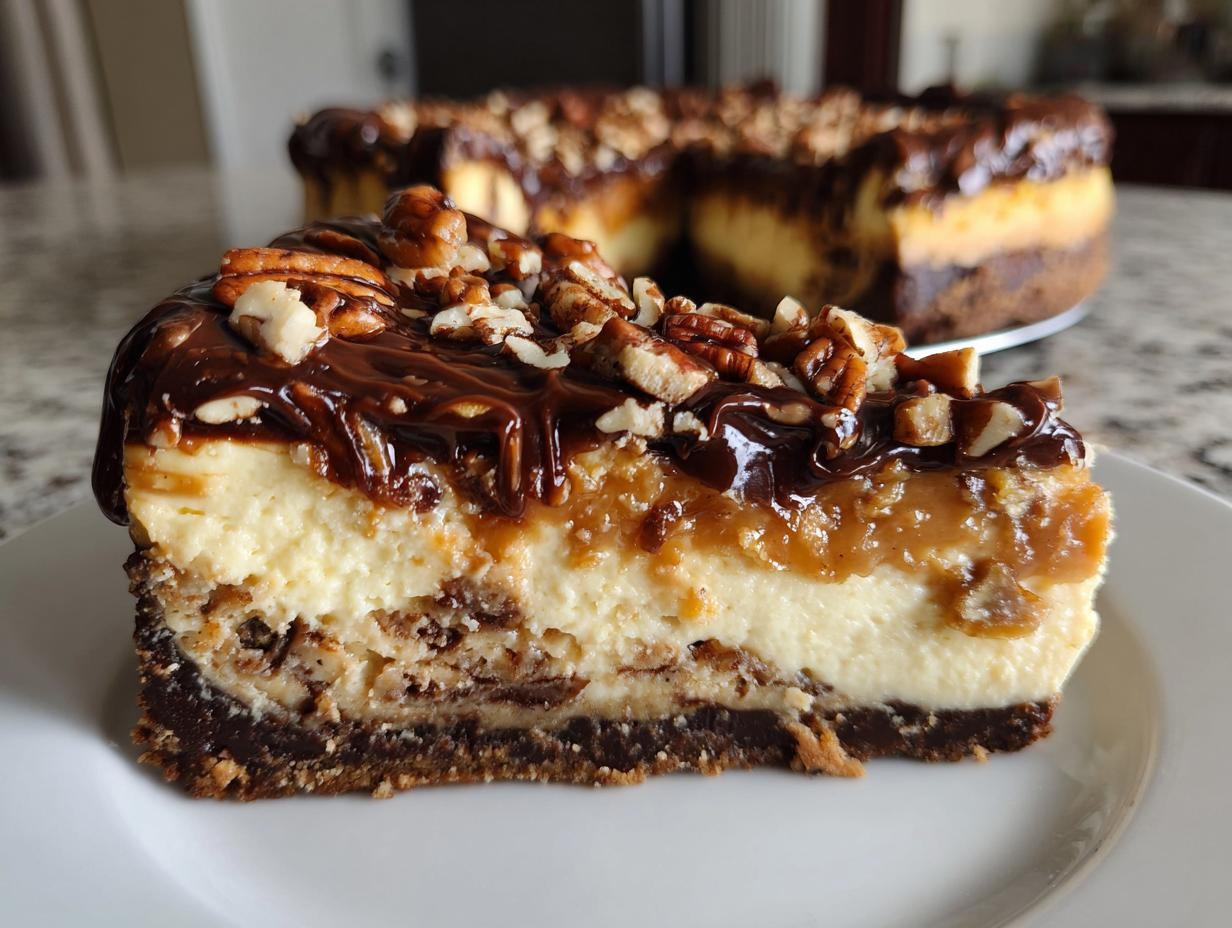A close-up slice of turtle cheesecake showing layers of crust, creamy filling, caramel, chocolate drizzle, and pecans.