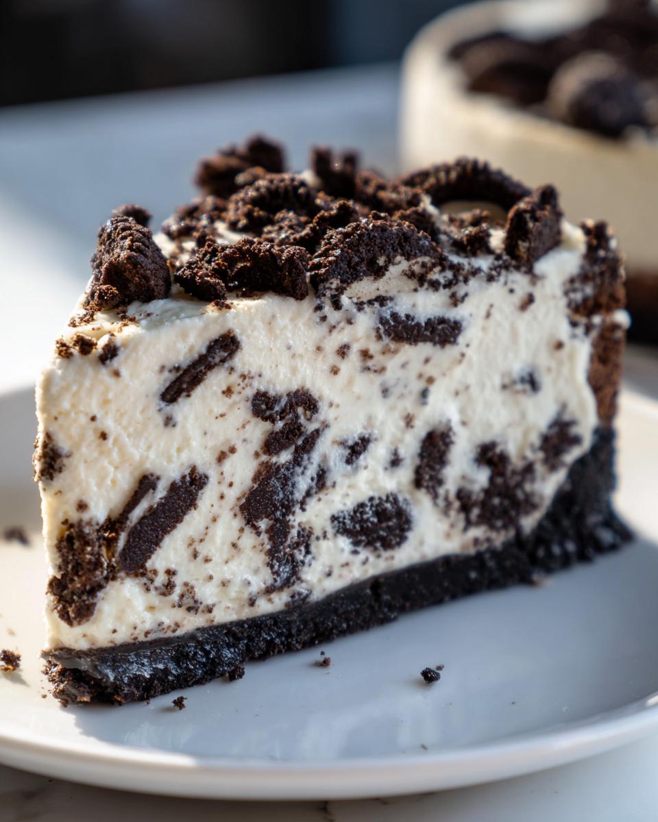 A close-up slice of creamy Oreo cheesecake featuring a dark cookie crust and chunks of cookies mixed throughout the filling.