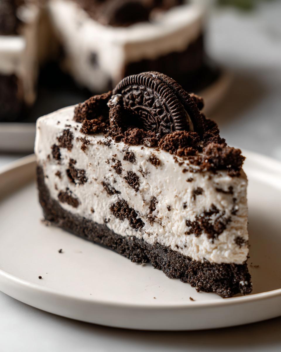 Close-up of a creamy slice of oreo cheesecake with a thick dark crust and Oreo topping.