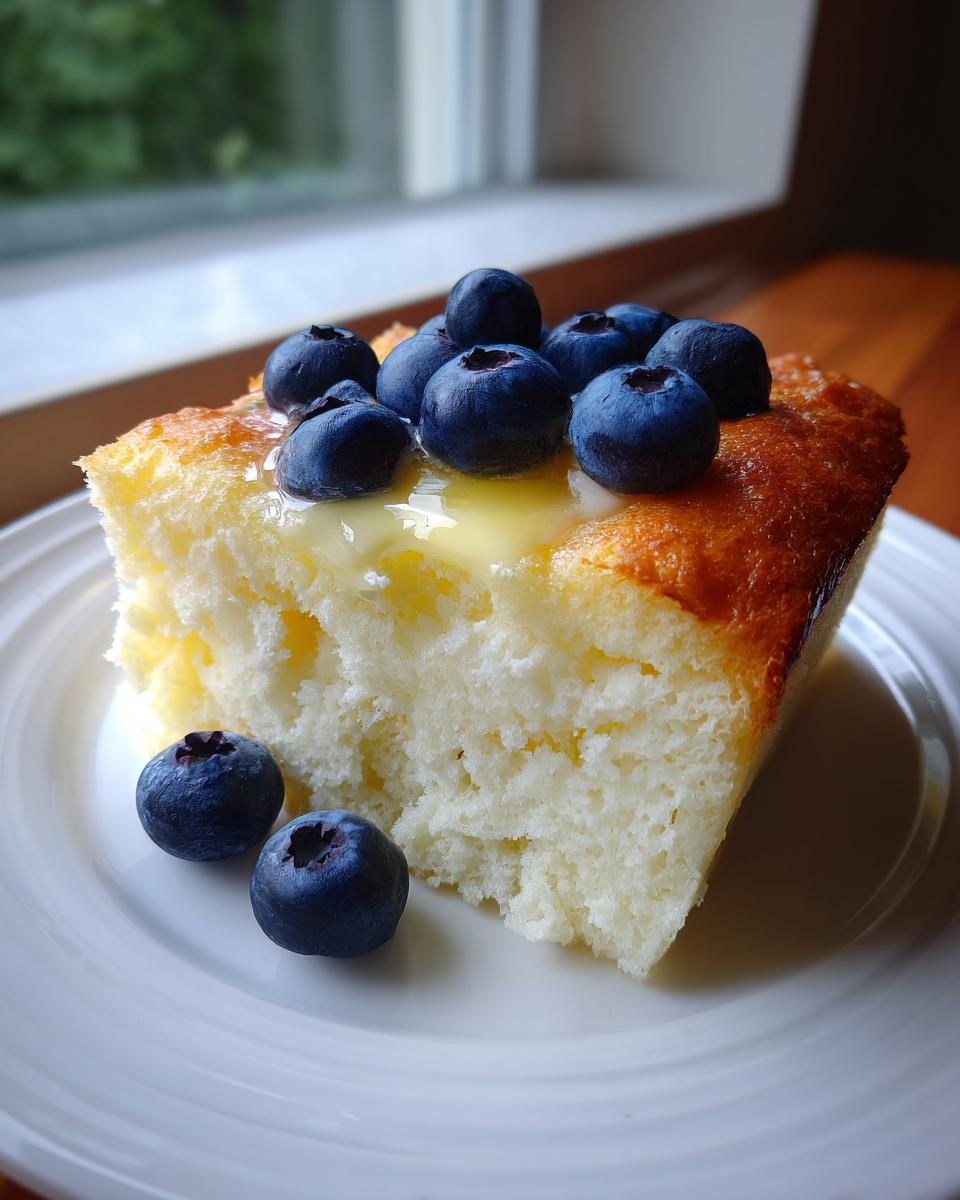 A thick slice of fluffy sheet pan pancakes topped with glaze and fresh blueberries on a white plate.