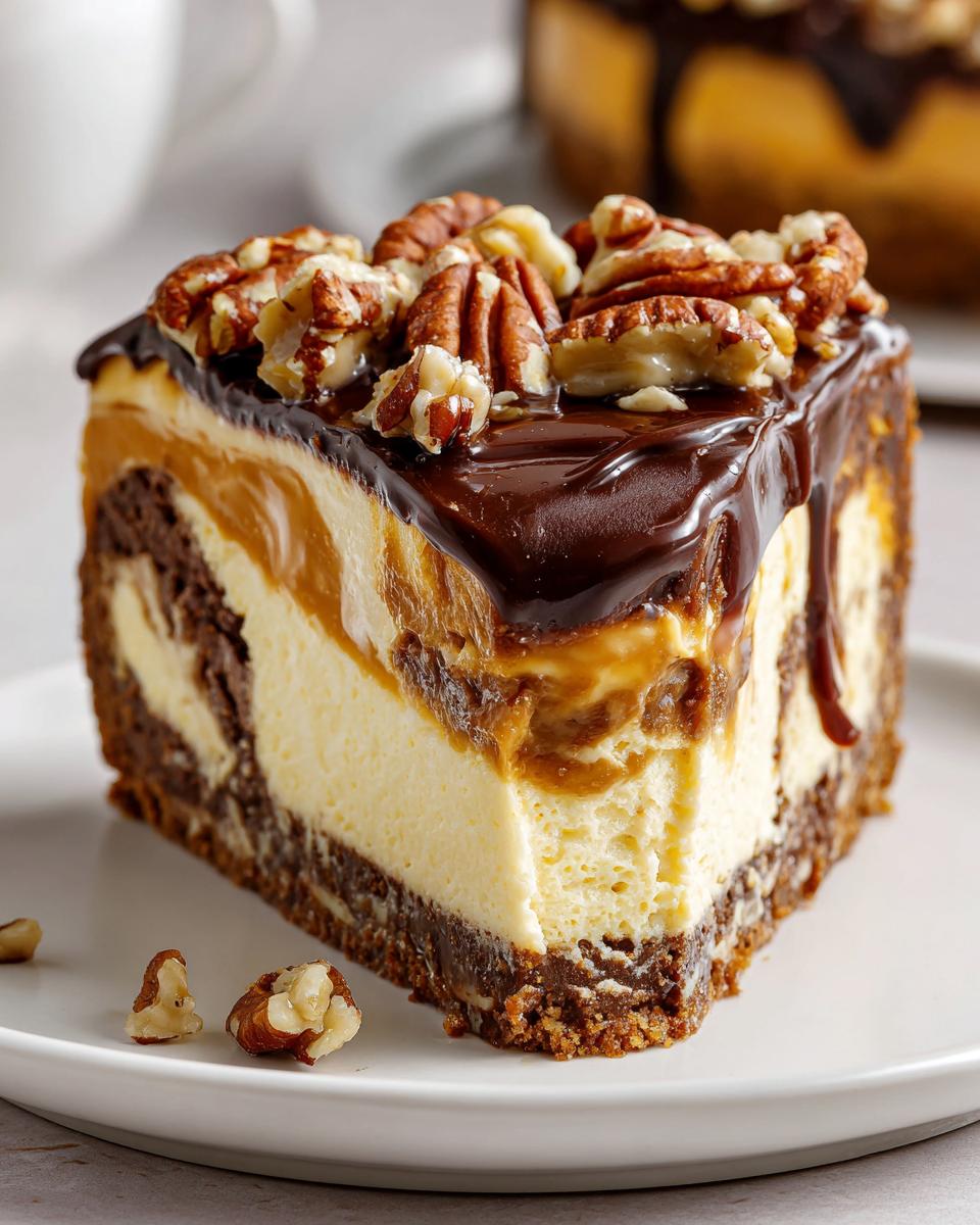 A perfect slice of turtle cheesecake featuring layers of chocolate, creamy filling, caramel, and topped with chocolate ganache and pecans.