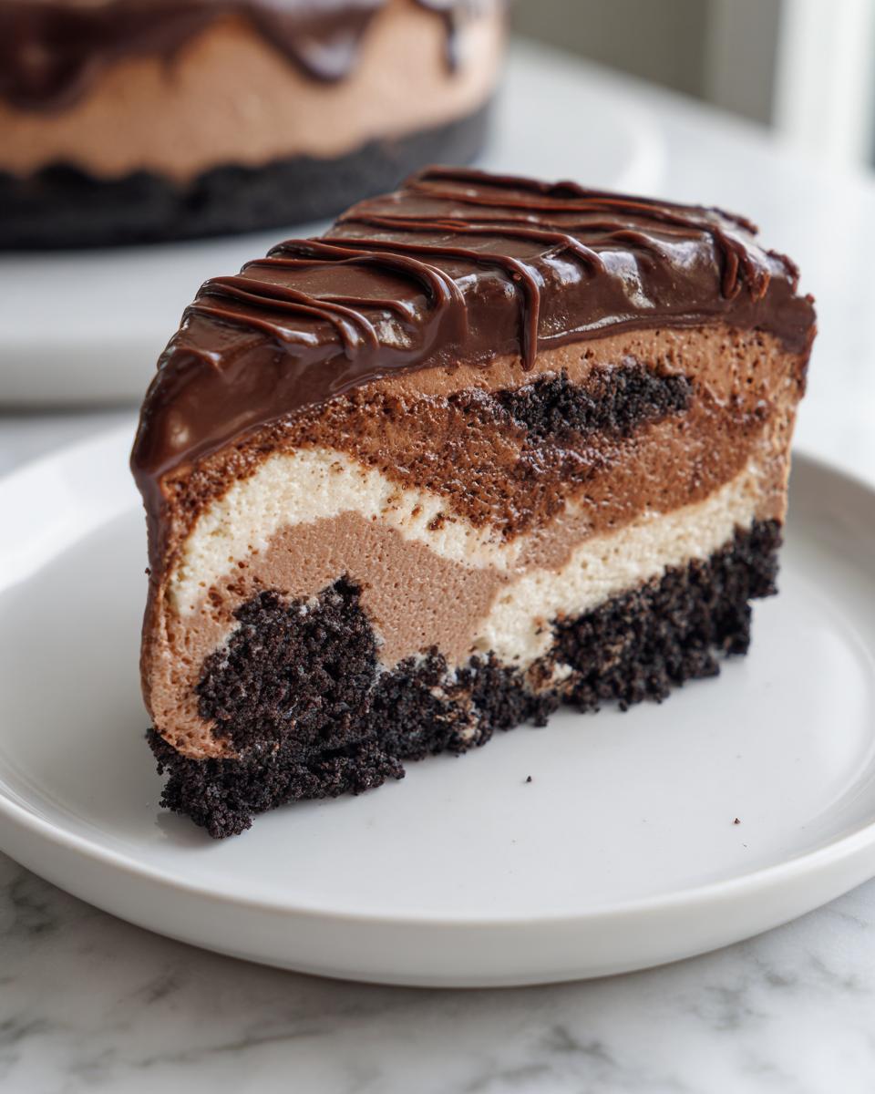 A perfect slice of ultimate 3-layer chocolate cheesecake with a dark cookie crust and rich chocolate ganache topping.