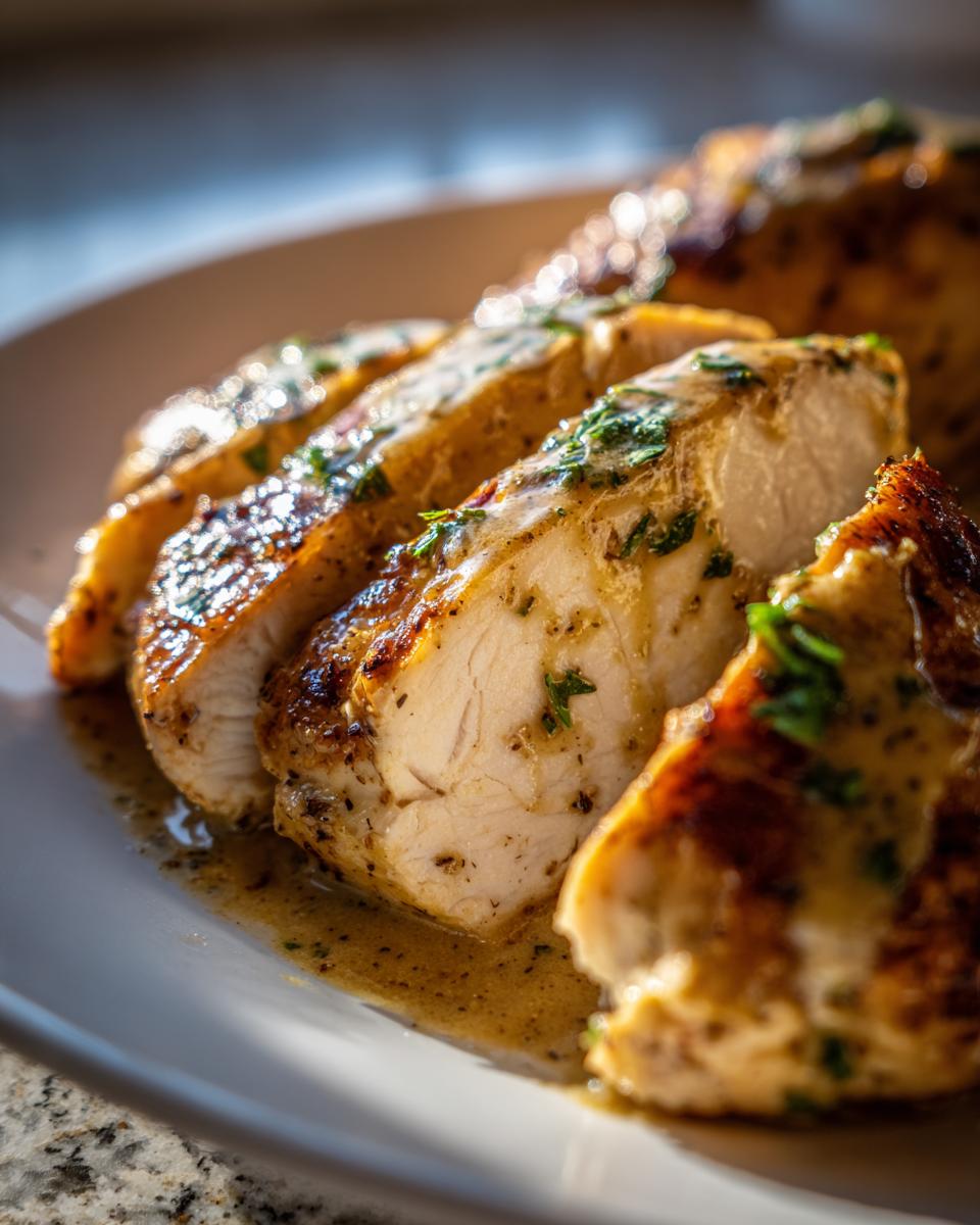 Close-up of sliced, juicy dijon chicken breasts covered in a creamy sauce and fresh parsley.
