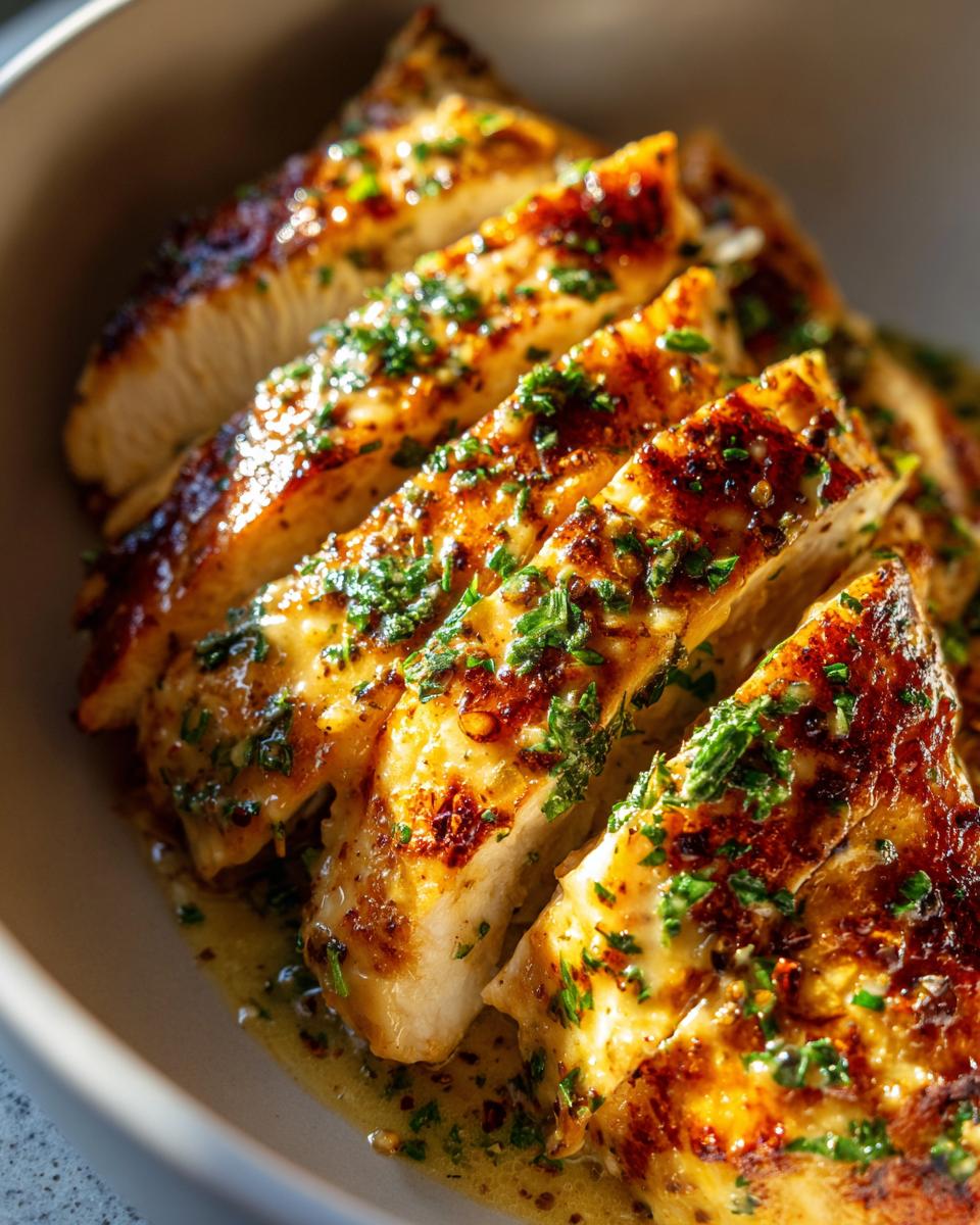 Close-up of sliced, pan-seared dijon chicken breast covered in a creamy sauce and fresh green parsley.