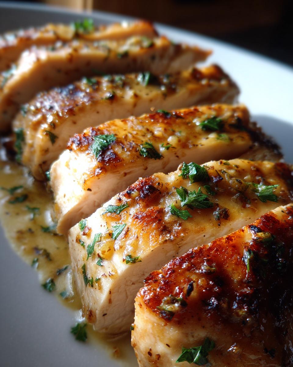 Close-up of perfectly cooked, sliced dijon chicken breasts covered in a creamy sauce and fresh parsley.