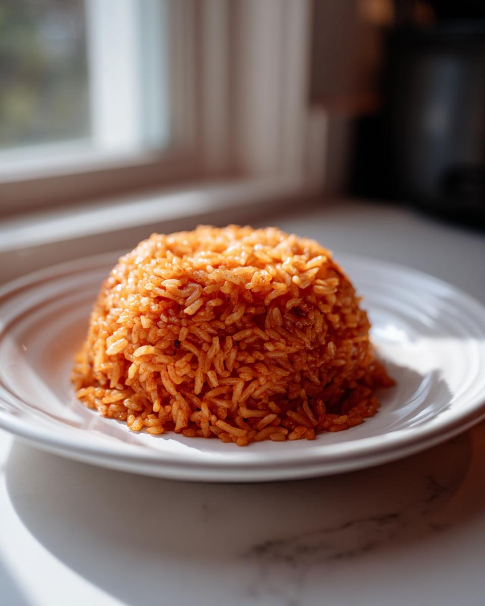 A perfectly molded mound of vibrant orange-red smoky jollof rice served on a white plate.
