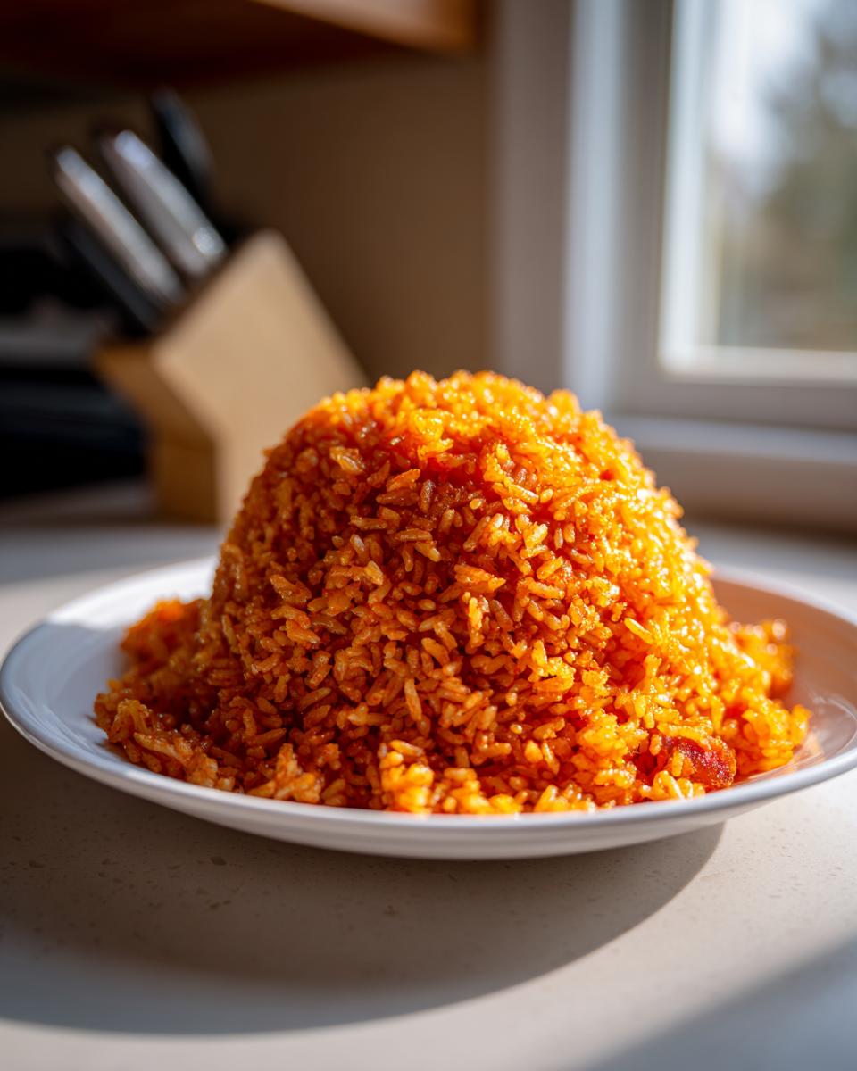 A tall mound of vibrant orange smoky jollof rice served on a white plate, illuminated by natural light near a window.