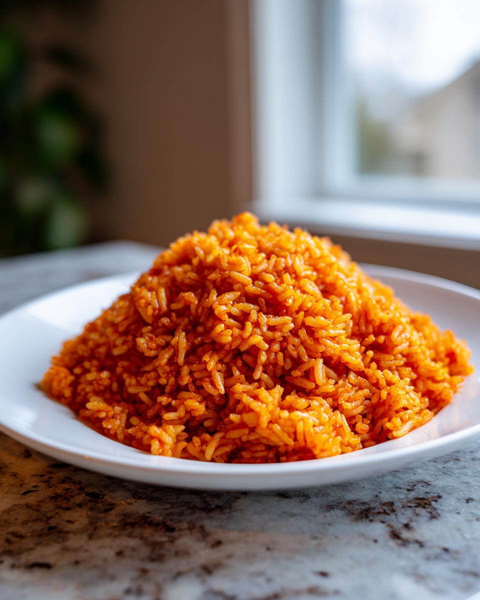 A generous mound of vibrant orange-red smoky jollof rice served on a white plate.