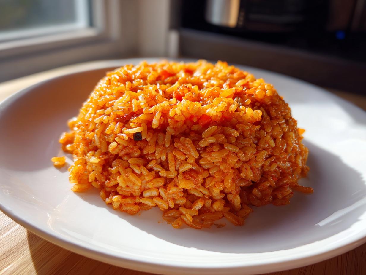 A mound of vibrant, orange-red smoky jollof rice served on a white plate, highlighted by bright sunlight.