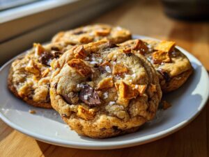 Close-up of three soft kitchen sink cookies topped with chocolate chunks and honeycomb pieces, sprinkled with flaky sea salt.