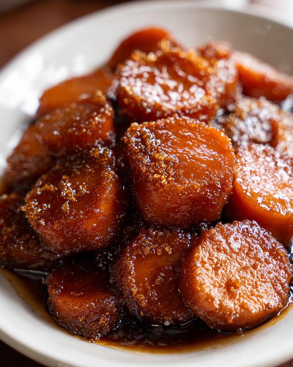 Close-up of thick, round slices of southern candied yams covered in a rich, dark brown sugary glaze.