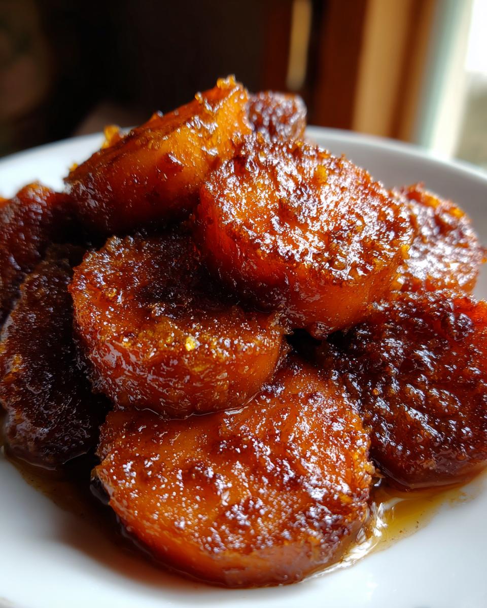 A close-up of rich, glossy southern candied yams piled on a white plate, coated in dark brown sugar glaze.