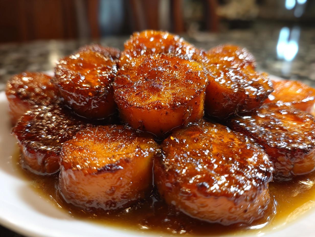 A close-up, appetizing shot of thick-cut southern candied yams glistening in a rich, dark brown sugar glaze.