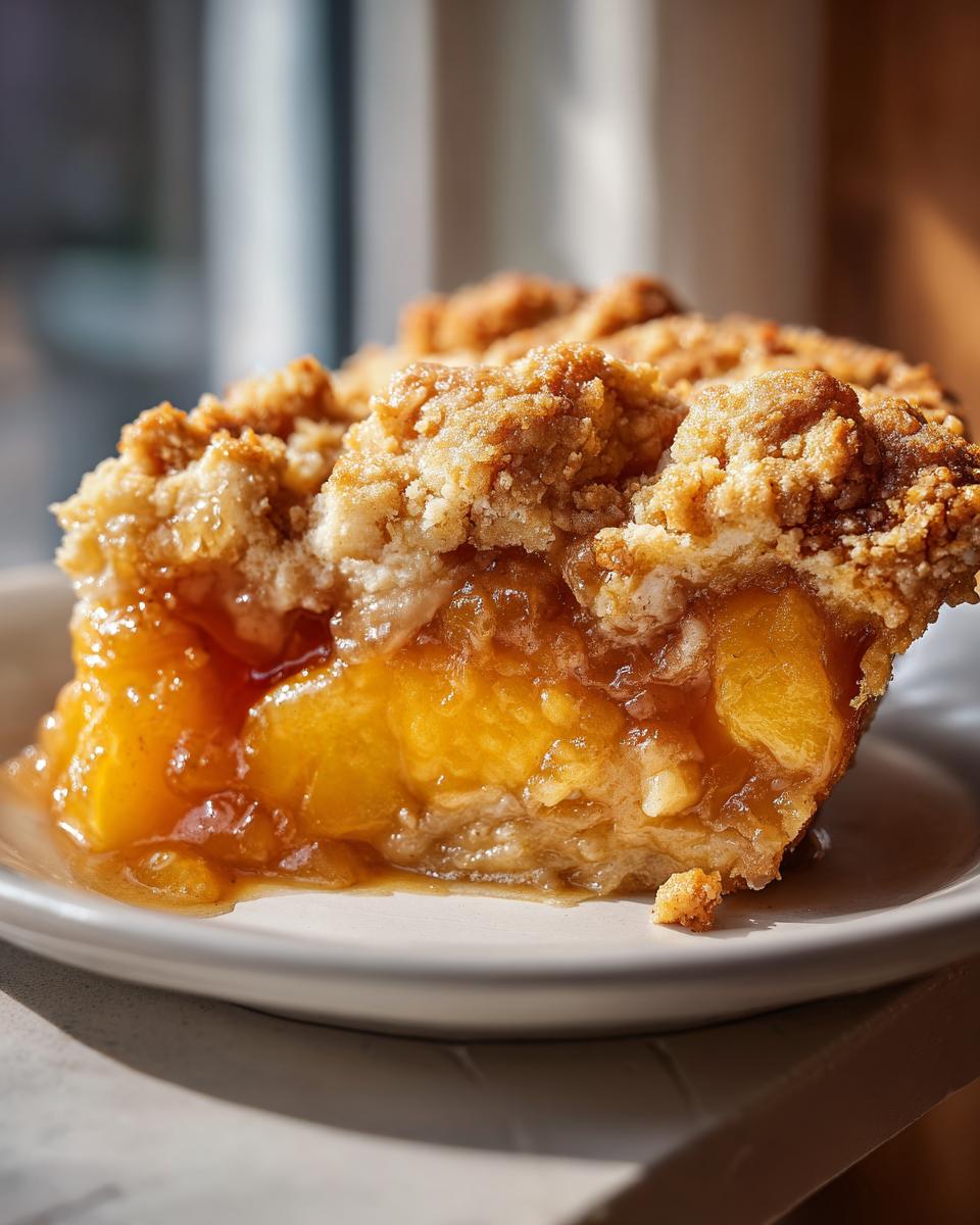 Close-up of a juicy slice of southern peach cobbler showing tender peaches and a golden, crumbly topping.