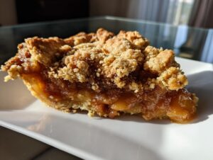 Close-up of a gooey slice of southern peach cobbler featuring a thick, crumbly topping and caramelized peaches.