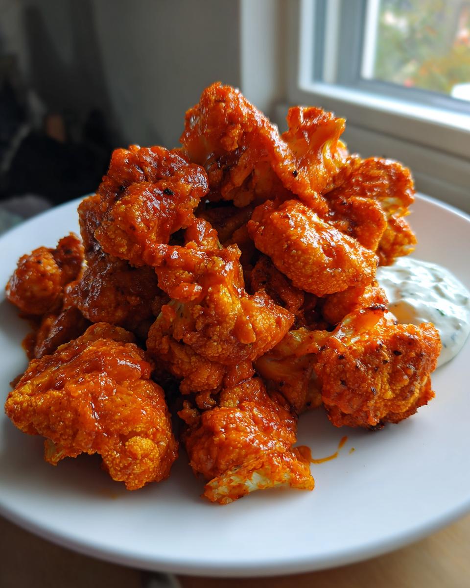 A pile of crispy, bright orange buffalo cauliflower bites served on a white plate with a side of ranch or blue cheese dip.