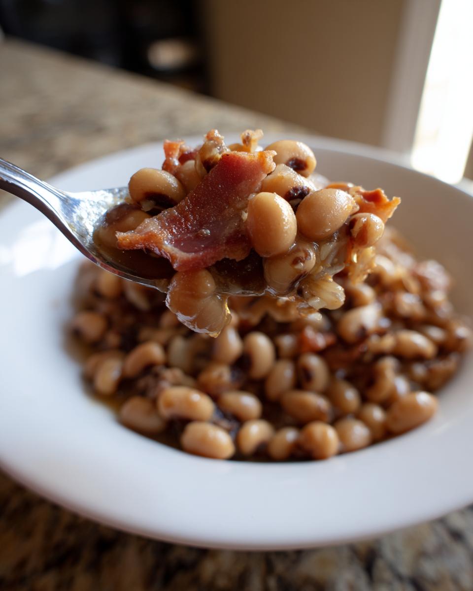 A spoonful of savory black eyed peas recipe topped with a piece of bacon being lifted from a white bowl.