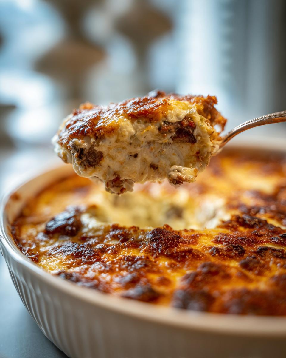 A spoonful of creamy, baked stuffed mushroom dip being lifted from a white casserole dish with a browned, cheesy top.
