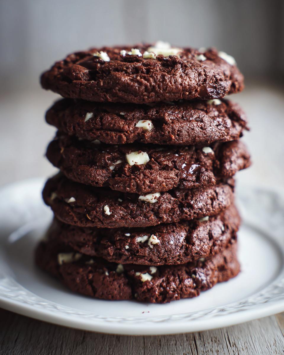 A tall stack of five dark, rich chocolate peppermint cookies studded with white chocolate chips on a white plate.