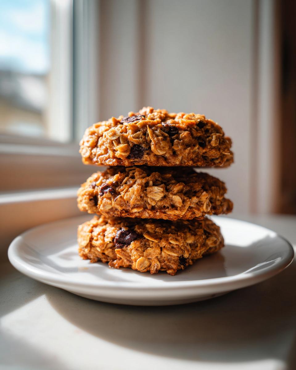 Three hearty oatmeal breakfast cookie stacked on a small white plate, illuminated by natural window light.