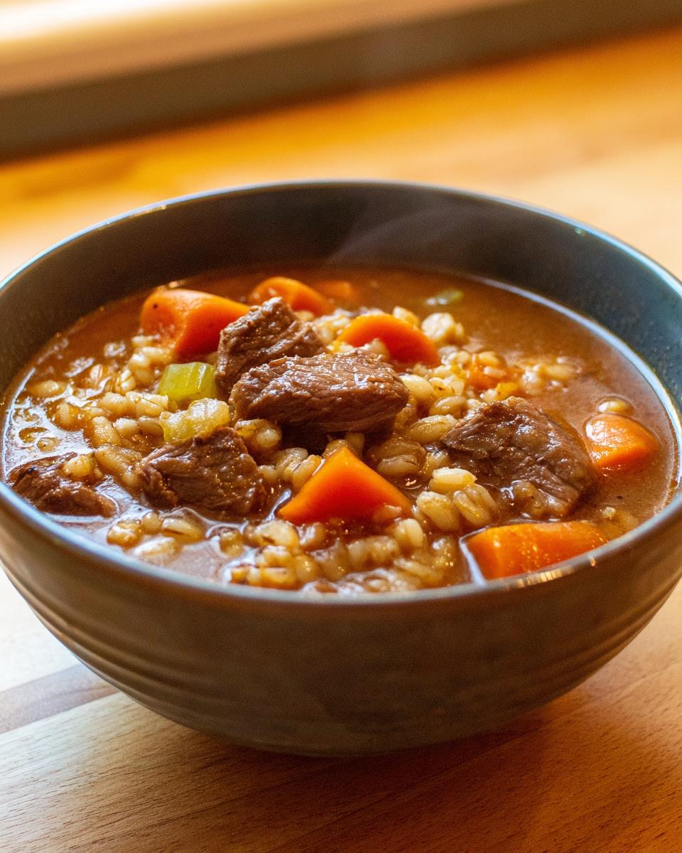 Close-up of a steaming bowl of rich beef barley soup with chunks of beef and bright orange carrots.